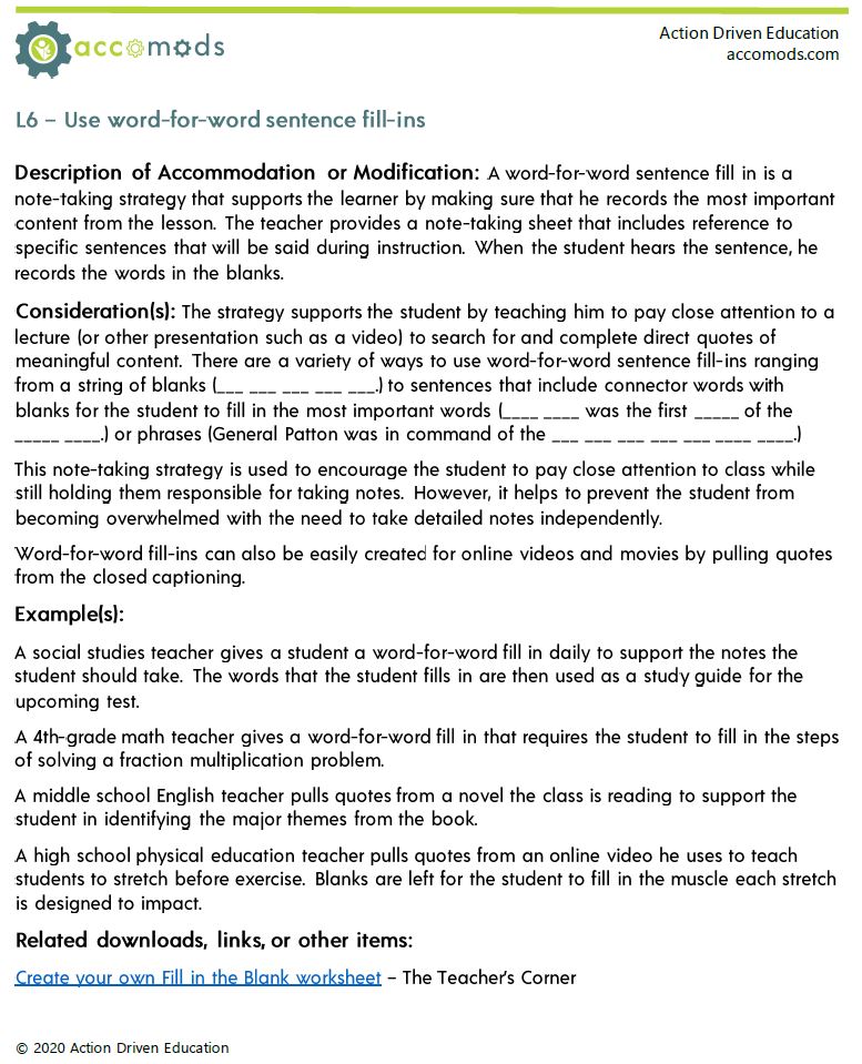 Sentence-Fillins Sentence fill-ins sample accommodation.